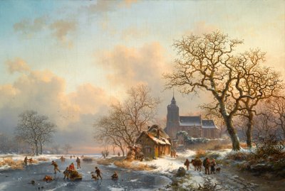 Een winterlandschap met schaatsers op een bevroren rivier door Fredrik Marinus Kruseman